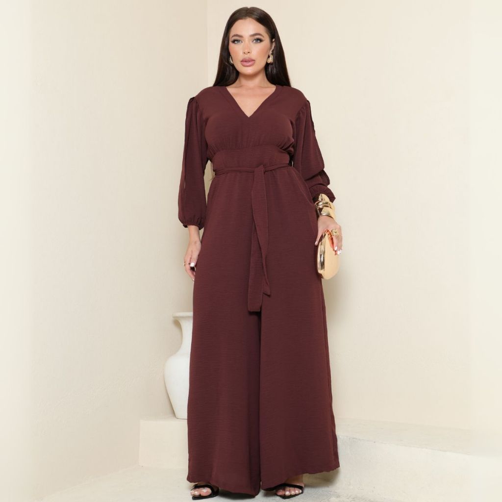 Macacão Pantalona Feminino Com Amarração Na Cintura Tecido Duna  Decote V E Manga Longa