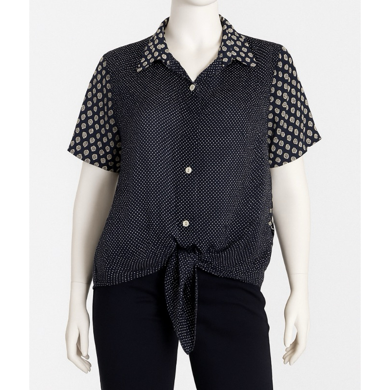 camisa poá azul estampa floral com botões cropped