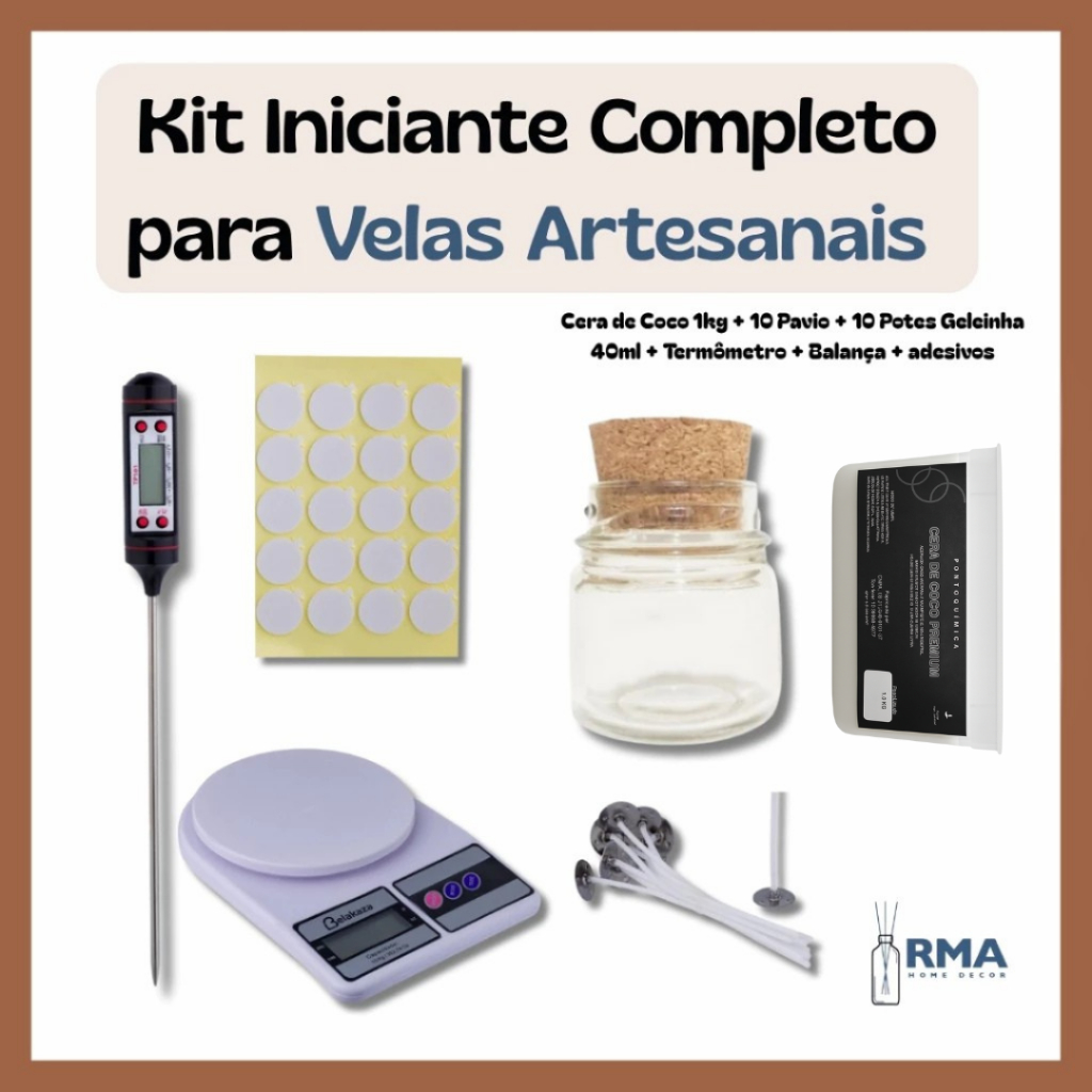 Kit Iniciante para Velas Artesanais Cera de Coco 1kg + Adesivo 10 Pavios + 10 Potes Geleinha 40ml + Termômetro + Balança em Oferta na Shopee