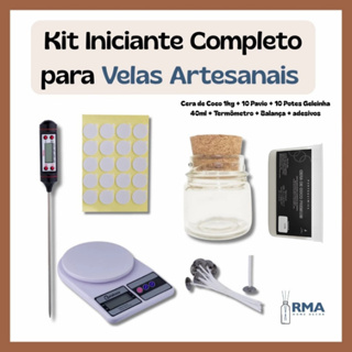 Kit Iniciante para Velas Artesanais Cera de Coco 1kg + Adesivo 10 Pavios + 10 Potes Geleinha 40ml + Termômetro + Balança em Oferta na Shopee