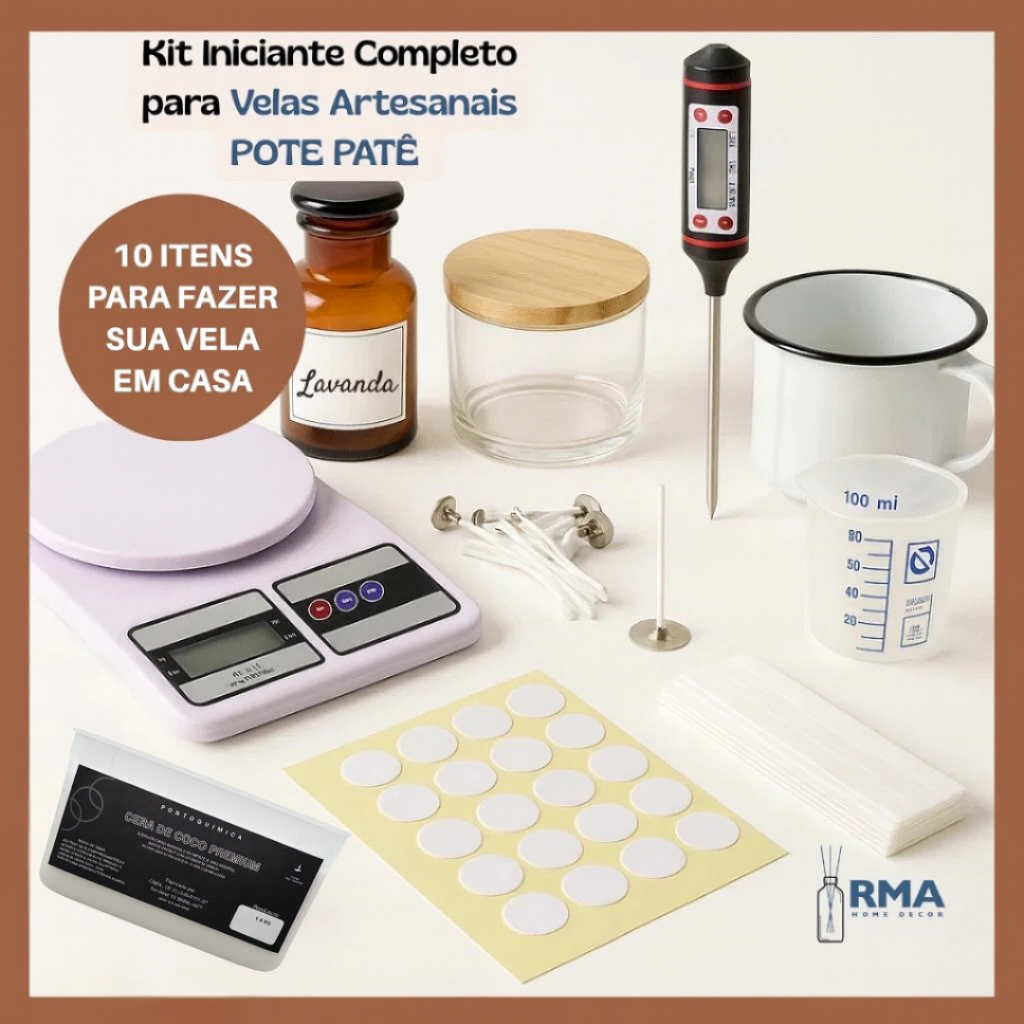 Kit Completo para Velas com Pote Patê Iniciante | Cera de Coco 1kg + Pote Patê 150ml + Essência Lavanda + Caneca 1L