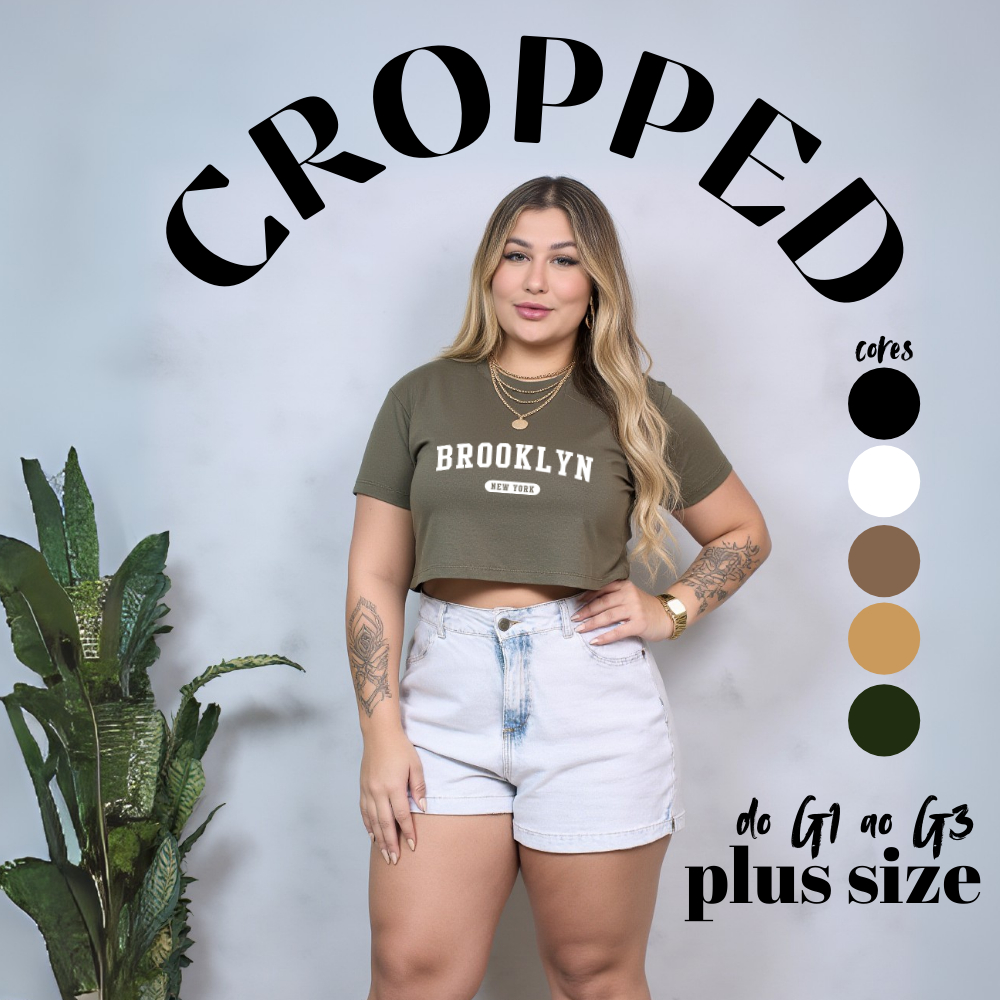 Cropped Plus Size Feminina Manga Curta - 100% Algodão "Brooklyn" em Oferta na Shopee