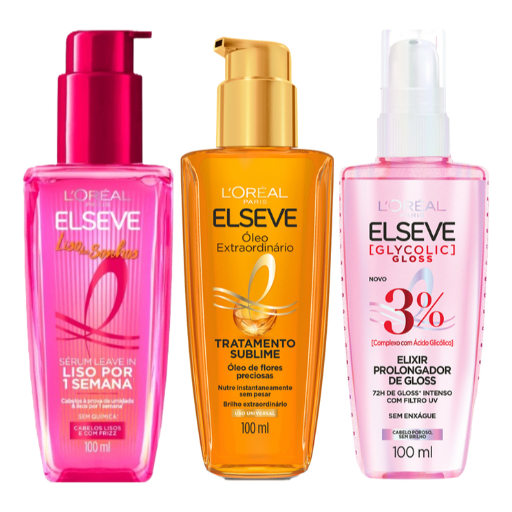 Kit Elseve L’Oréal Paris – Óleo Extraordinário + Óleo Liso dos Sonhos + Sérum Glycolic Gloss Brilho Espelhado