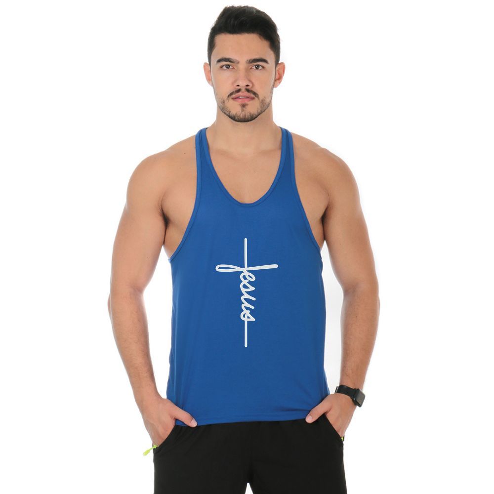Camiseta Regata Cavada Masculina Estilo Nadador Academia Treino Estampada Religiosa Jesus