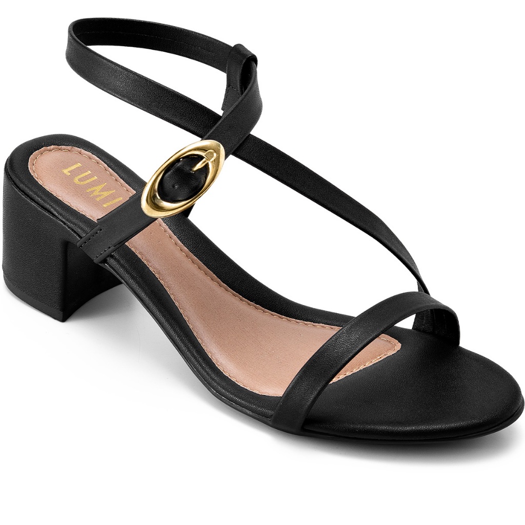 Sandália Feminina Lumiss Salto Baixo Bloco Bico Redondo Fivela Preto em Oferta na Shopee