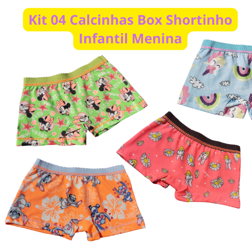 Kit Calcinhas Box Boxer Infantil Menina Estampadas Shortinho Para Desfralde Estampa do Stitch e Outras Estampas