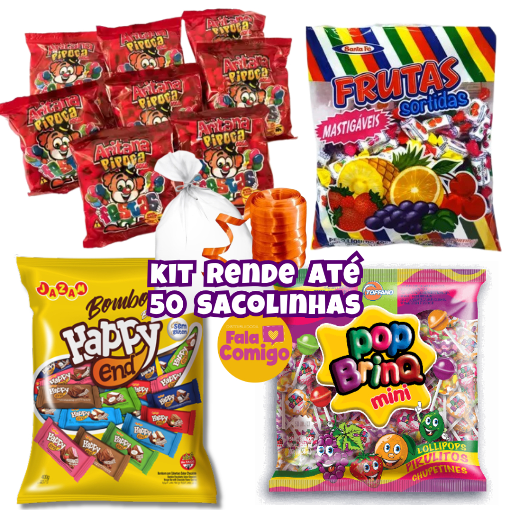 Kit Rende 50 Sacolinhas Guloseimas Com Saquinho Fitilho Bombom Pipoquinha Bala Pirulito