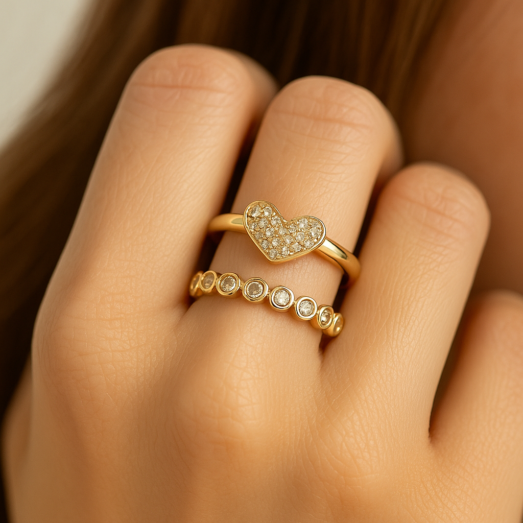 2 peças de anéis femininos de coração elegantes e simples, design de nicho de luxo com Ouro 18k Prata 925