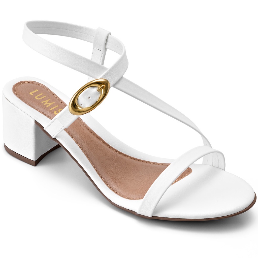 Sandália Feminina Lumiss Salto Baixo Bloco Bico Redondo Fivela Branco