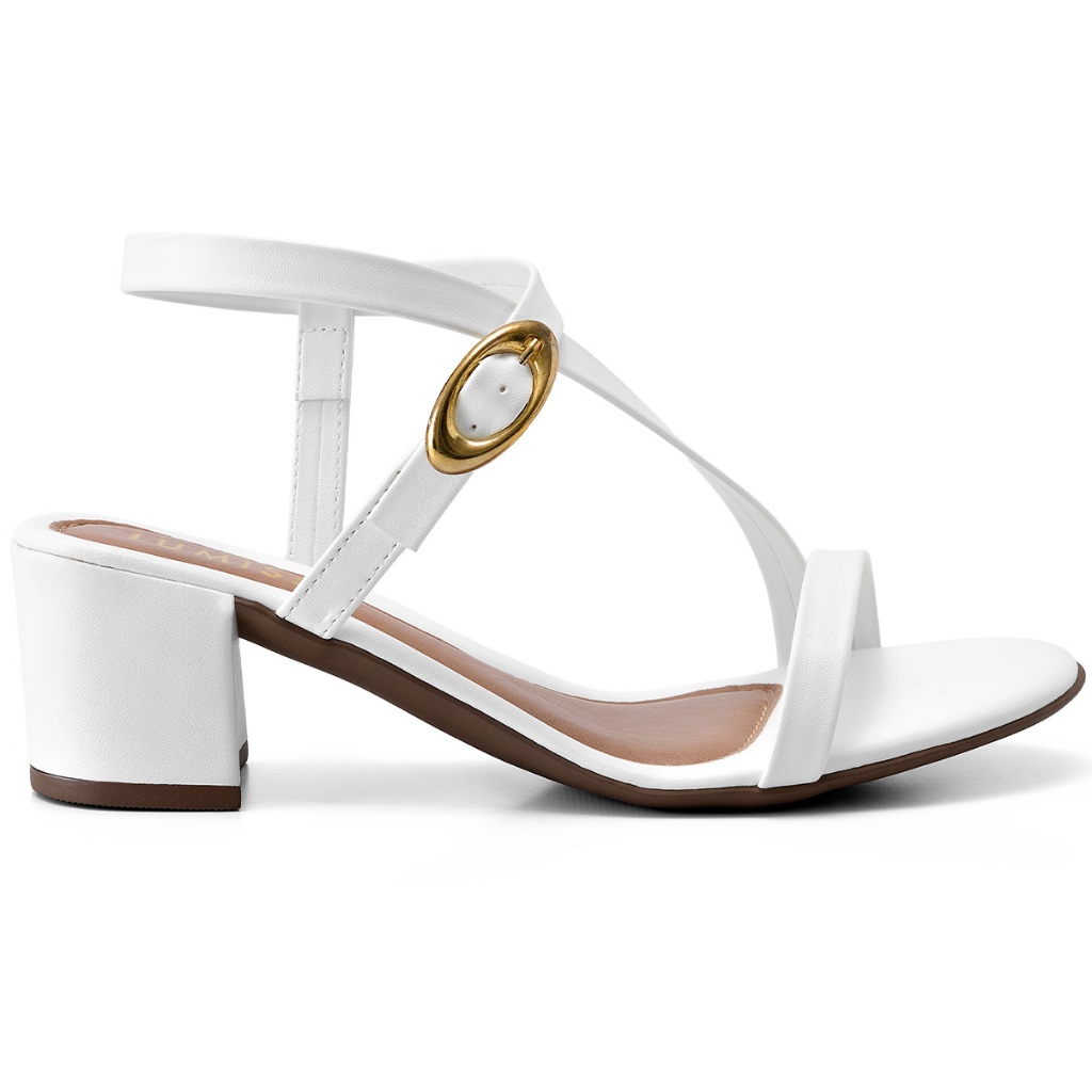 Detalhes do Sandália Feminina Lumiss Salto Baixo Bloco Bico Redondo Fivela Branco