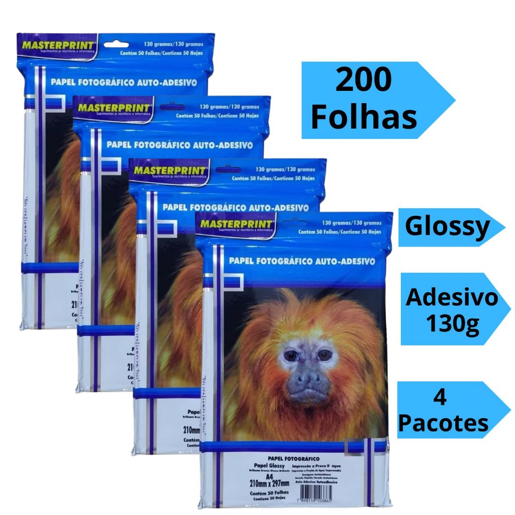 Papel Fotográfico Adesivo A4 130g Glossy Brilhoso Folhas Adesivas Masterprint