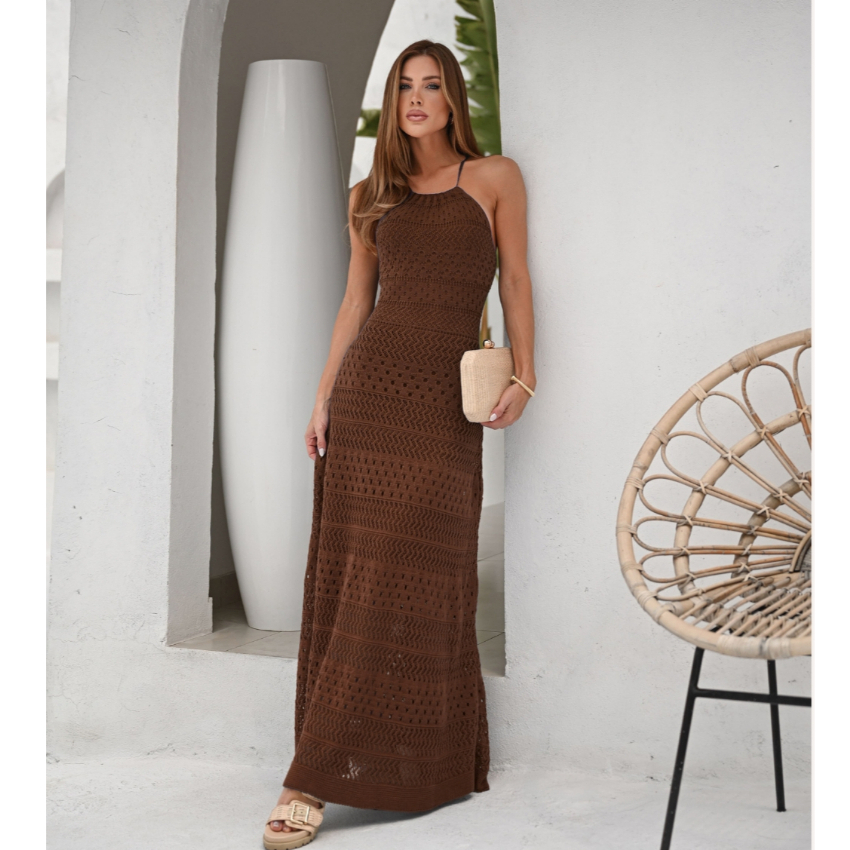 Vestido feminino de tricot costa aberta longuete crochê modal festa
