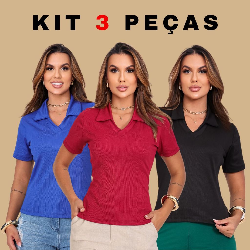 Kit 3 Blusas Femininas Gola com Decote V Elegantes Confortáveis