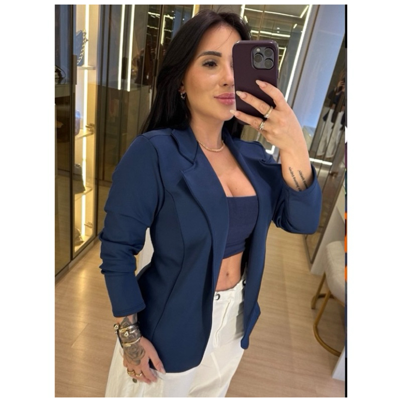 Blazer casaco feminino slim neoprene acinturado