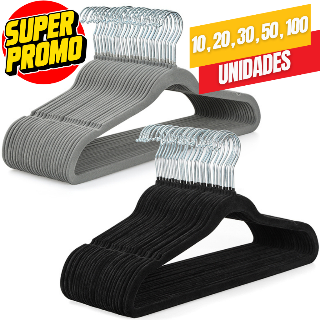 Cabide de Veludo Adulto Slim Antideslizante Premium | Preto e Cinza | Kit 10 a 100 Un