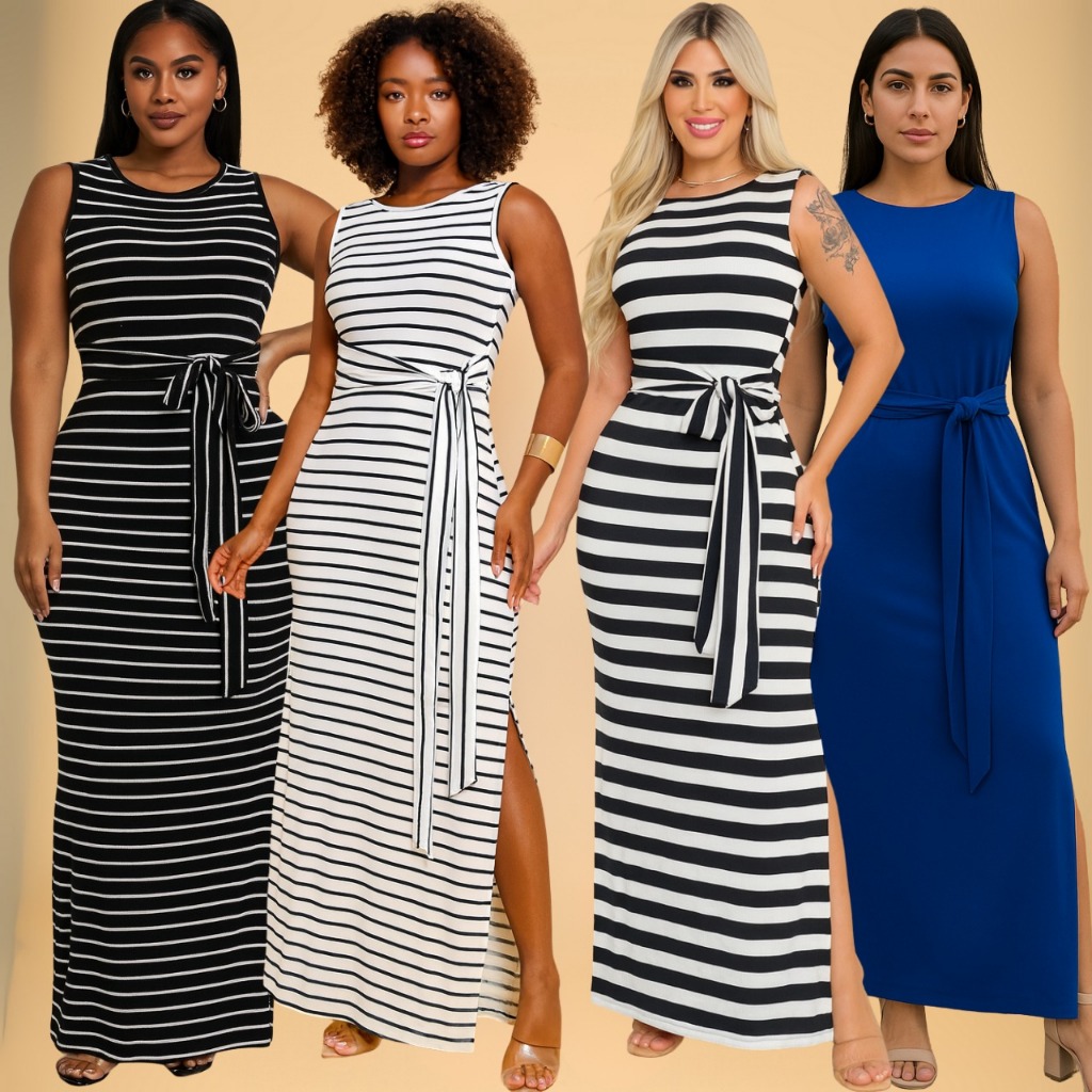 vestido longo sem manga fendas liso listrado feminino regata malha canelada elegante outono verão calor ISA REGATA