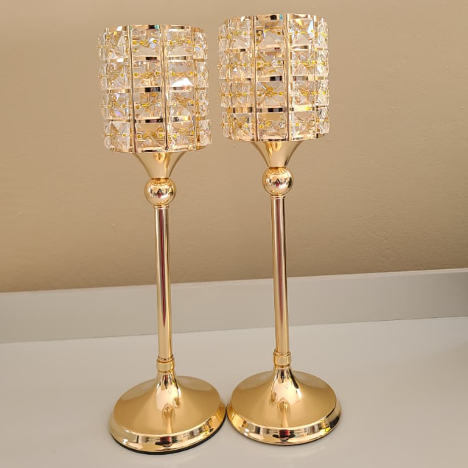 Porta Castiçal - Velas Dourado Com Cristal Elegante – 37cm