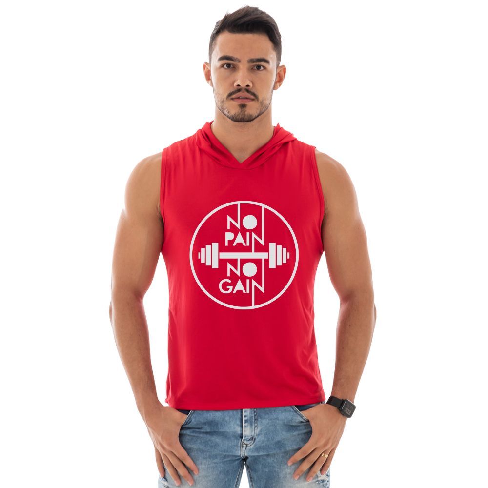 Regata Com Capuz Masculina Academia No Pain No Gain Treino Fitness - Camiseta Cavada Machão Valoriza Shape