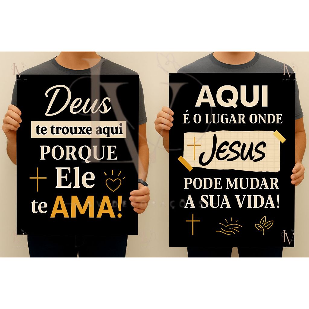 Kit 2 Placas Decorativas Religiosas "Porque ele te ama" e "Aqui é o lugar onde Jesus, muda sua vida" em Oferta na Shopee