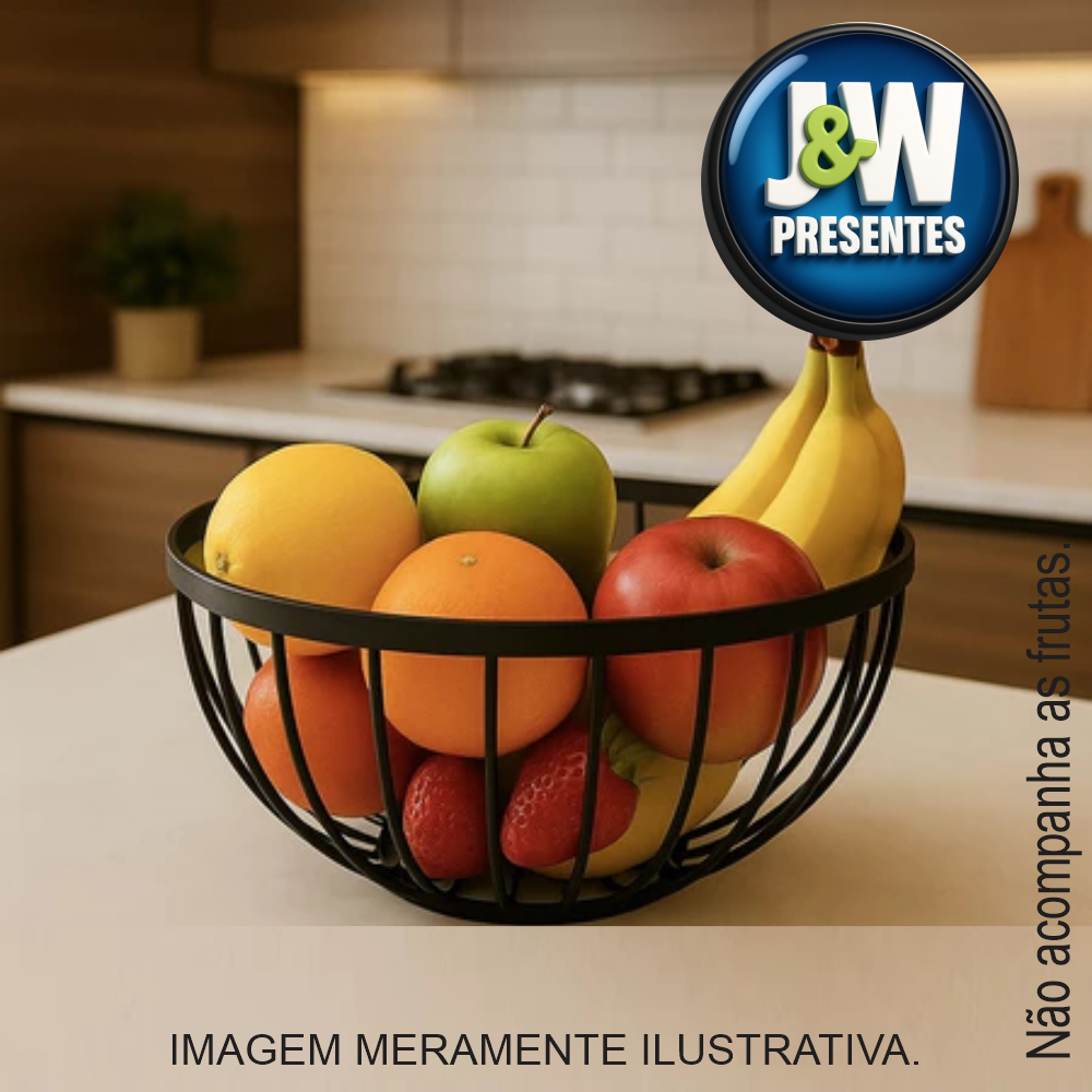 Fruteira de Mesa Cesto de Frutas Metal Aramado Redondo com Fundo de Madeira e Pé