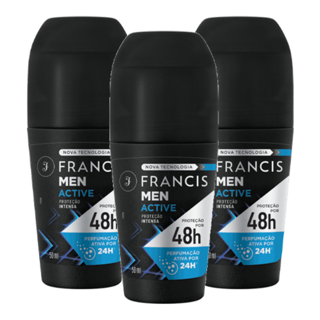 Kit com 3 Desodorante Roll-on Francis Men Active 50ml