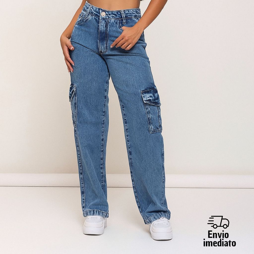 Calça Cargo Pantalona Jeans  Wide Leg Sarja Moda Casual Blogueirinha Cintura Alta  Boca La...