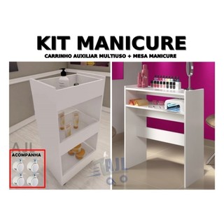 QUEIMA DE ESTOQUE - Kit Branco Manicure Mesa Multiuso + Carrinho Expositor