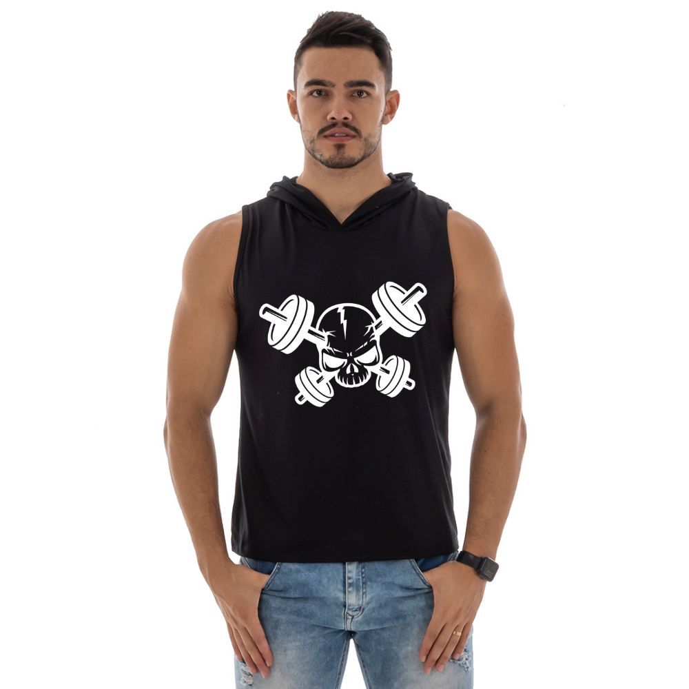 Regata Com Capuz Masculina Academia Caveira Halteres Treino Fitness - Camiseta Cavada Machão Valoriza Shape