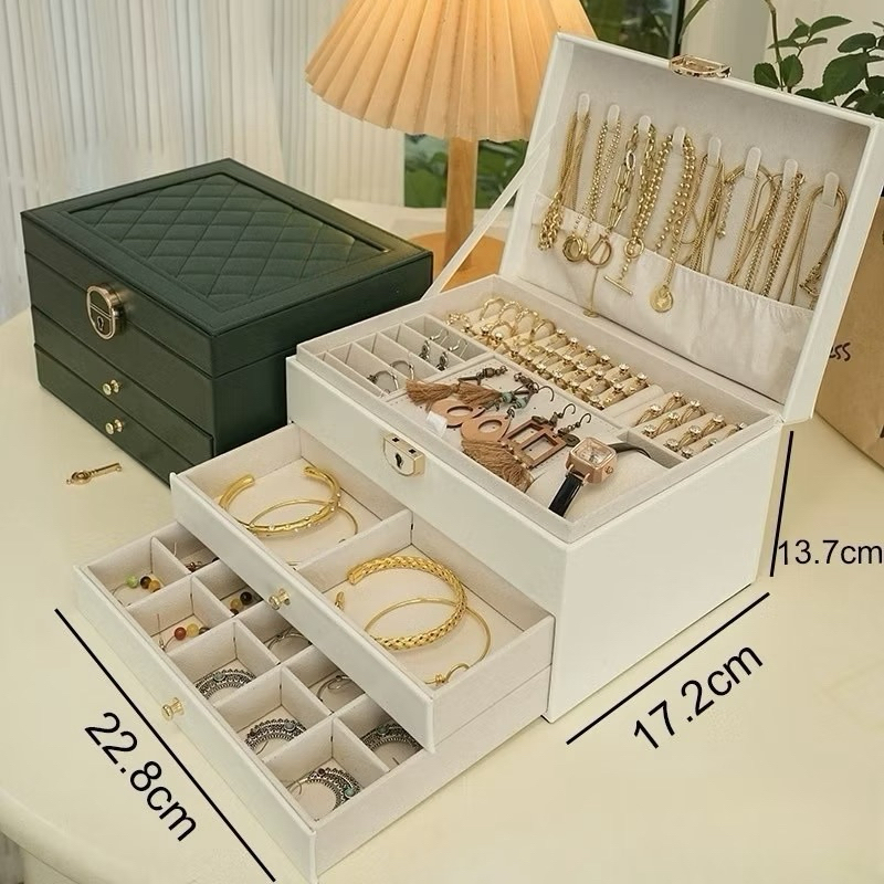Porta Joias Grande de Luxo 3 Andares com Gaveta Organizador Multifuncional Feminino Elegante Branca