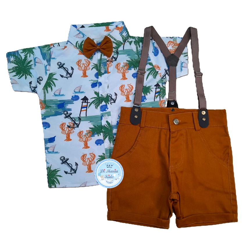 Conjunto Temático Estampa Praiana Palmeira Camisa Short Suspensório Roupa bebe menino festa infantil