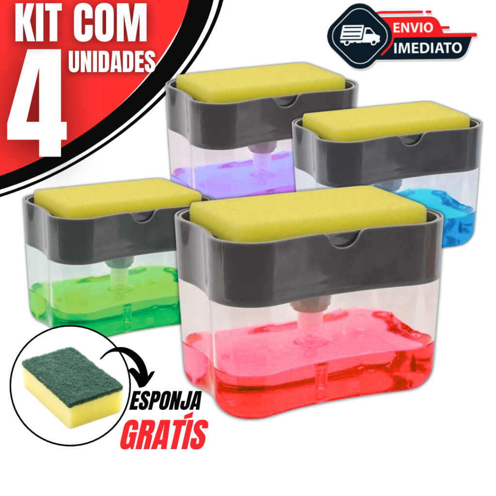 Kit 4 Dispensador Dispenser Detergente com Suporte para Esponja e Sabão Líquido | Organizador de Pia