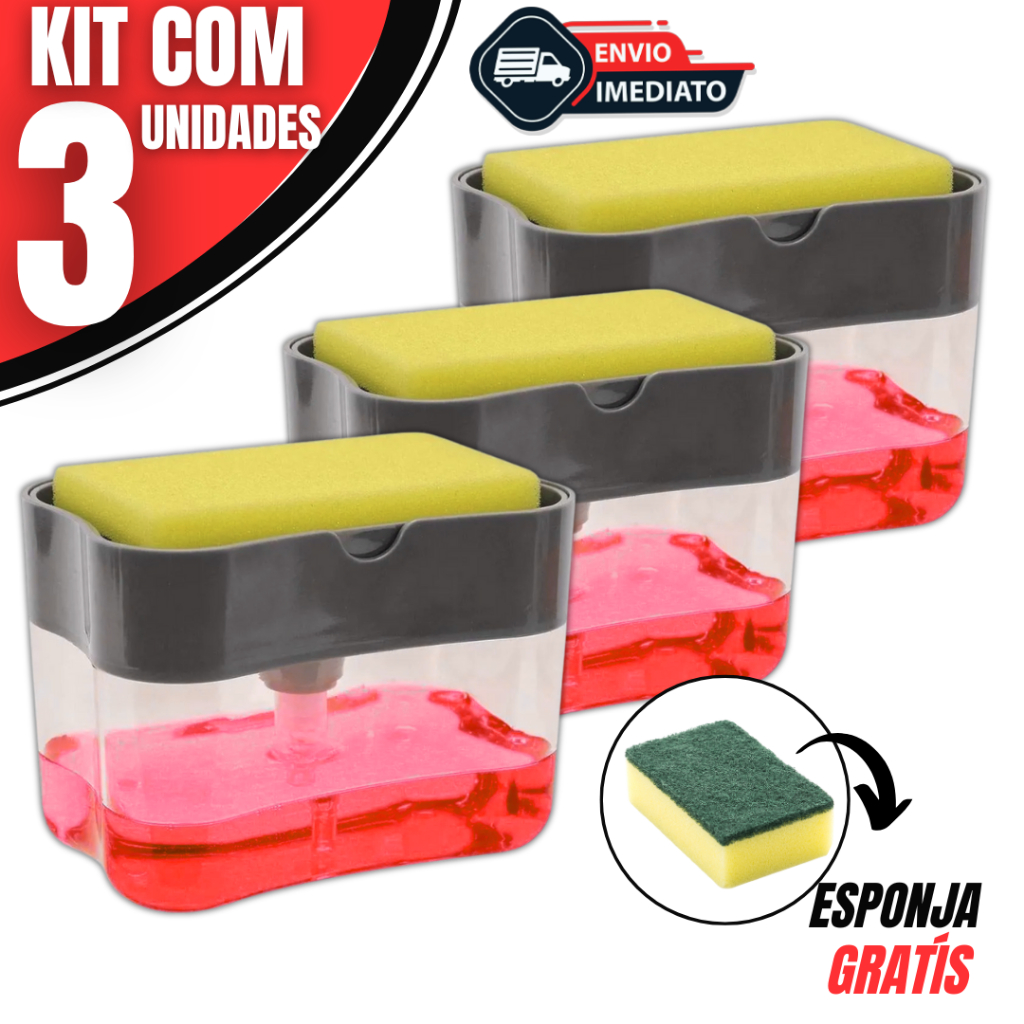 Kit Dispensador Detergente com Suporte Esponja e Sabão Líquido