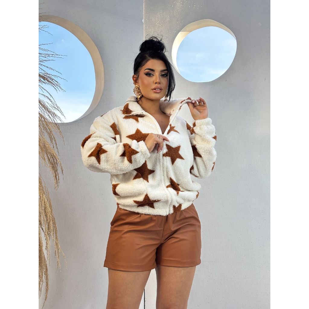 Blusa Feminina Peluciada Casaco Estampa  Estrelas Zíper Gola Alta Quentinha  Confortável Tendencia Moda Outono Invern