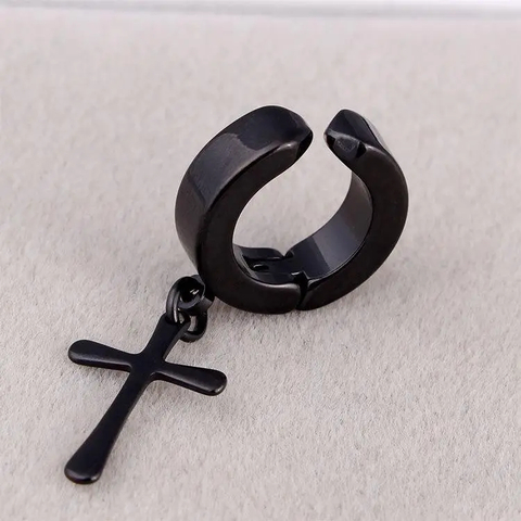 Brinco de argola com cruz em aço cirúrgico dourado prateado preto masculino ou feminino