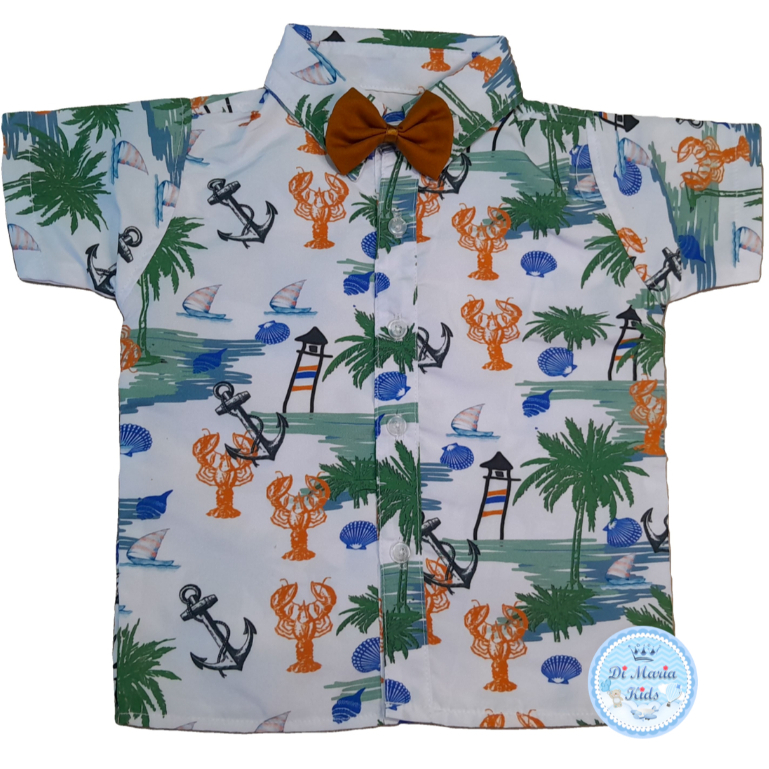 Camisa Temática Estampa Praiana Palmeira Manga Curta Roupa Menino Infantil Festa Fantasia Personagem