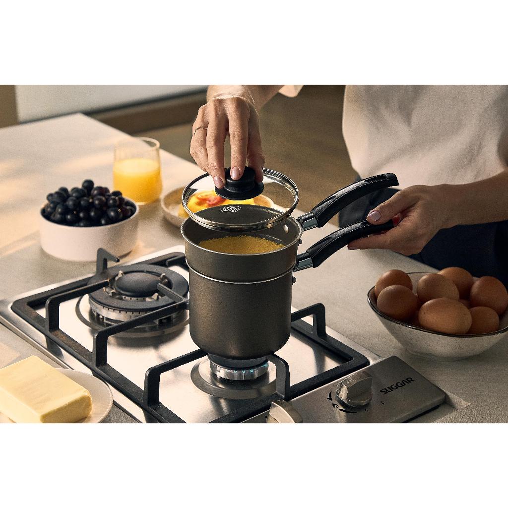 Panela Cuscuzeira MTA Individual Facil usar Antiaderente com Tampa Vidro 12 cm