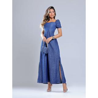 Vestidos  jeans  manha curta leve confortável moda Evangélica estiloso  fenda lateral e lastex em Oferta na Shopee