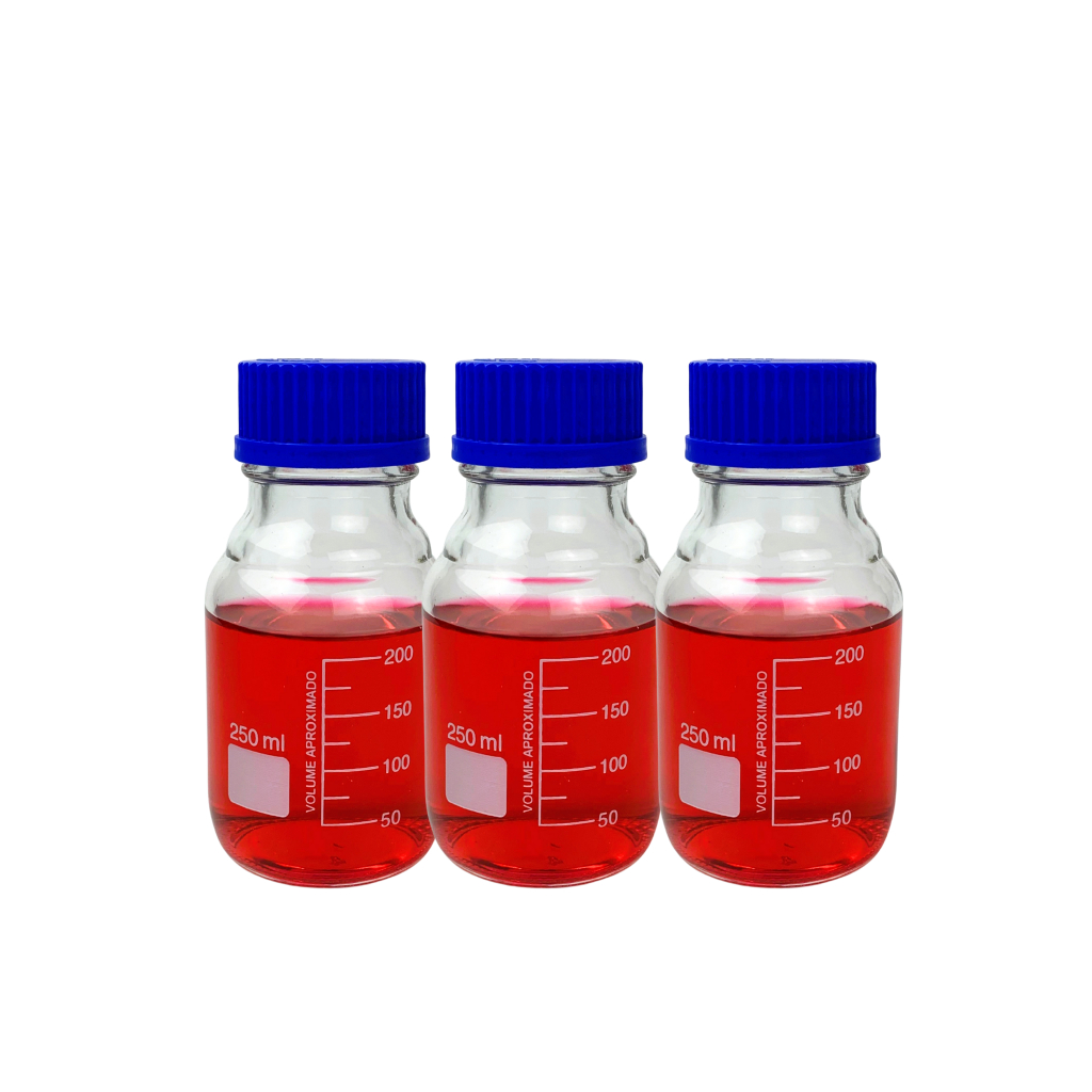 Frasco Reagente Drop 3 unidades de Vidro Borossilicato com Tampa de Rosca 250ml para Laboratórios
