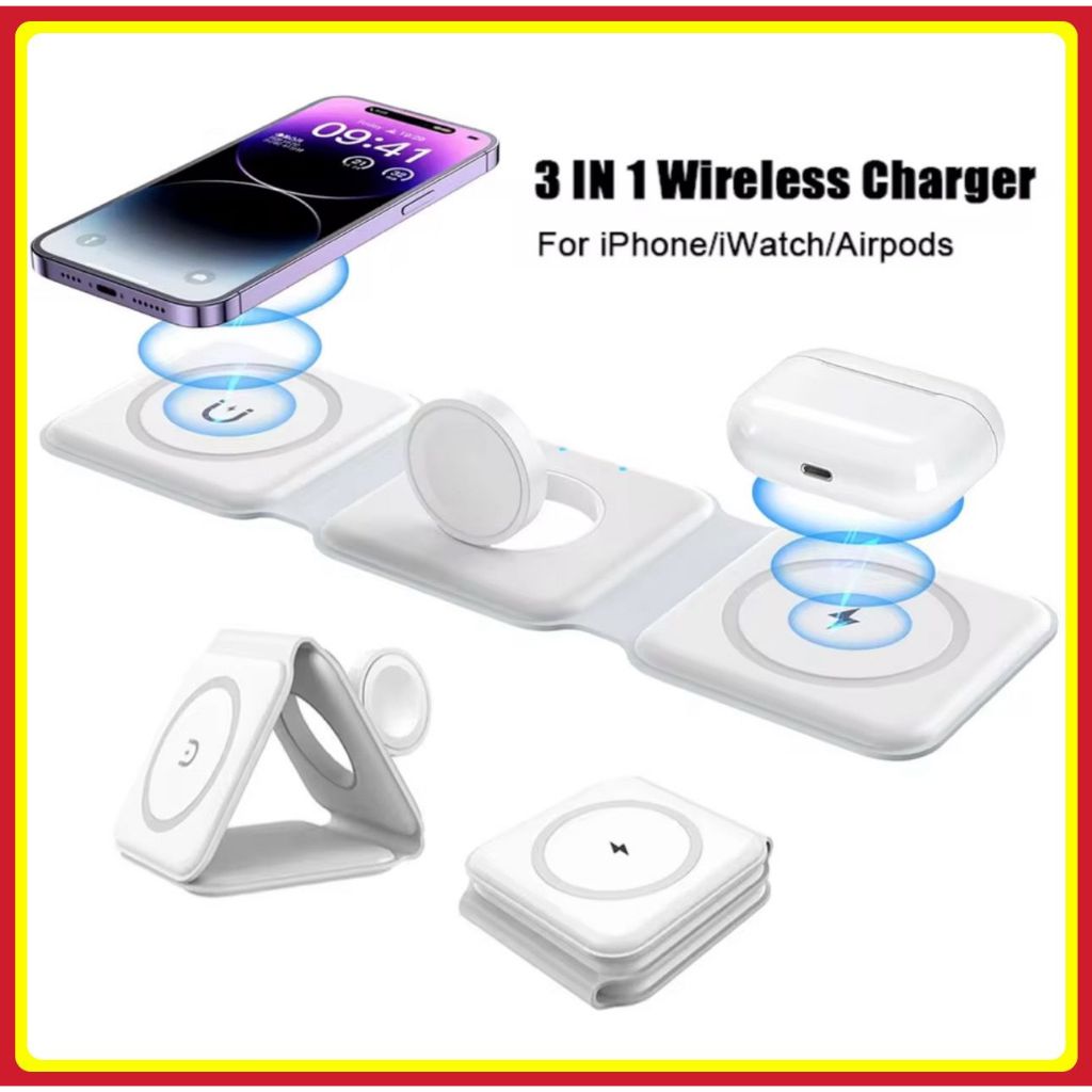 Carregador magnético sem fio 3 em 1 dobrável 15W para Celular Fone e relógio Carregamento Rápido em Oferta na Shopee