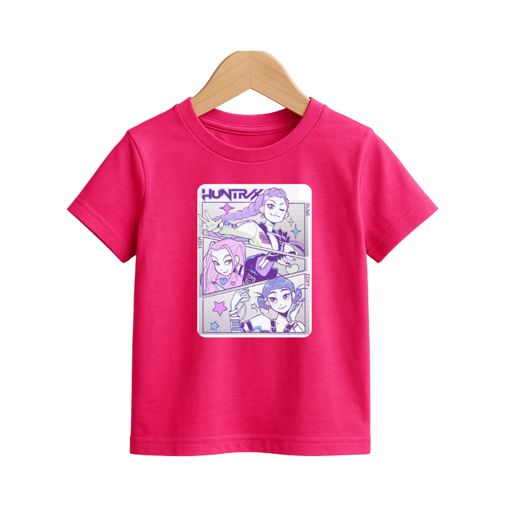 Camiseta Infantil Guerreiras K-Pop Coreno Algodão Varias Cores Anime Kawaii Roxo Rosa Estampa Garotas Mangá K-Po