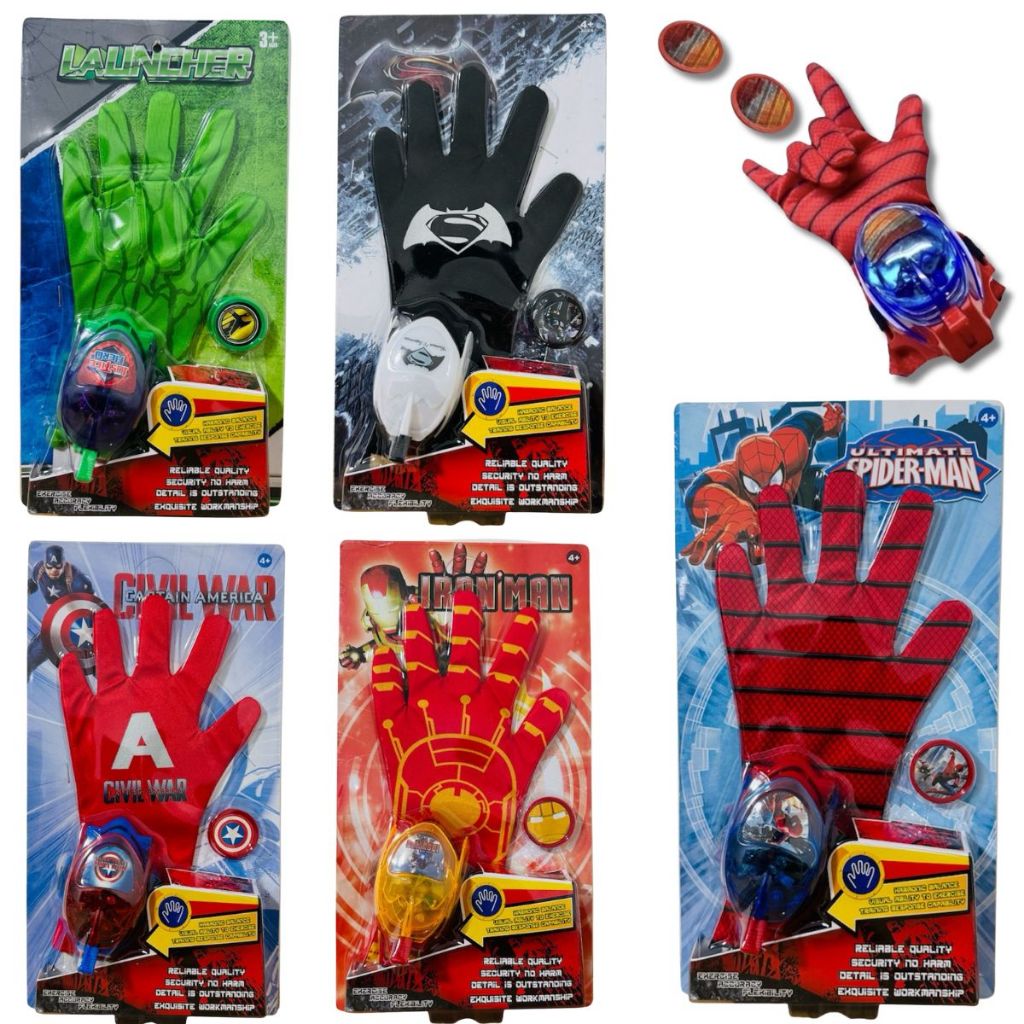 Luva Infantil Lança Disco C/ Som E Luz De Homem Aranha Hulk Homen De Ferro Super man Capitão América