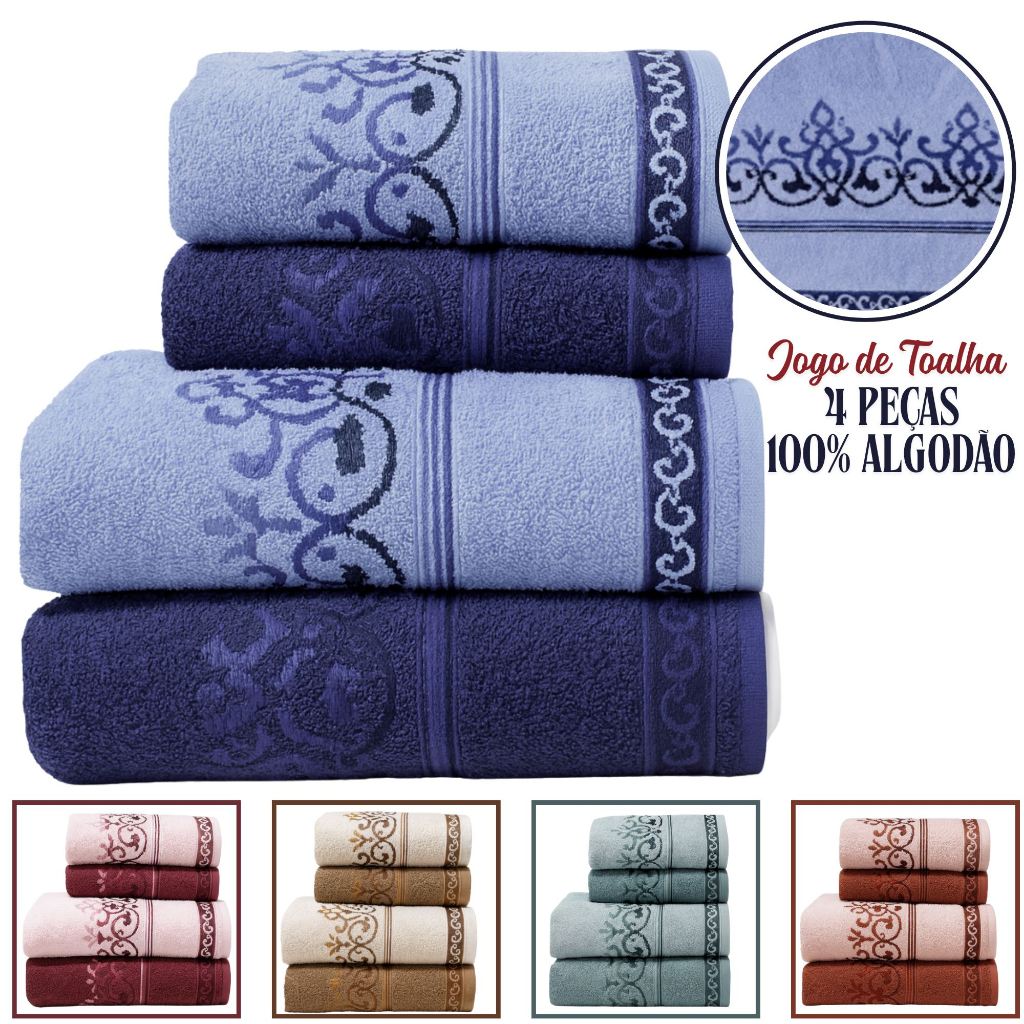 Jogo De Toalha 4 Pçs Banho Rosto 100% Algodão Macia Felpuda Excelente Absorção Brisa Habit...