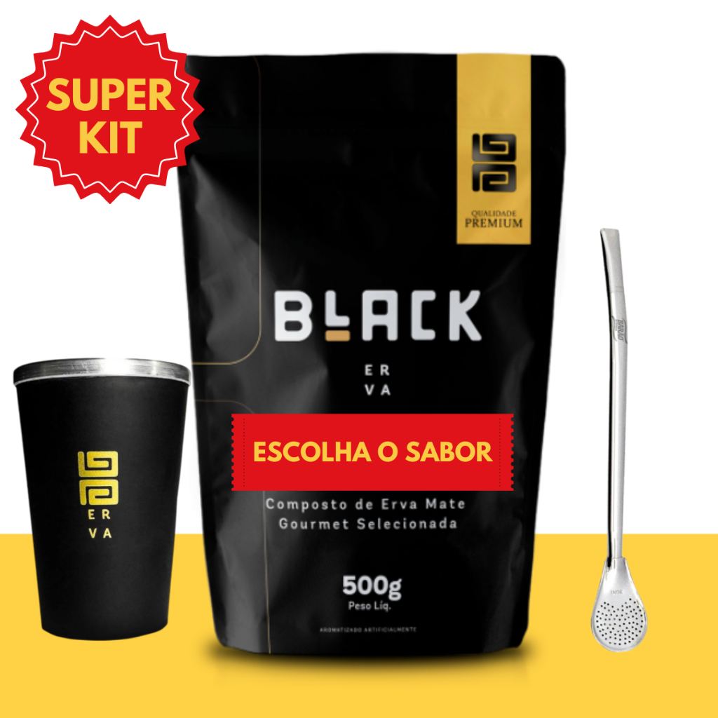KIT TERERÉ BLACK  Erva Mate 500g Sabores + Copo Térmico Black + Bomba Cromada Brinde
