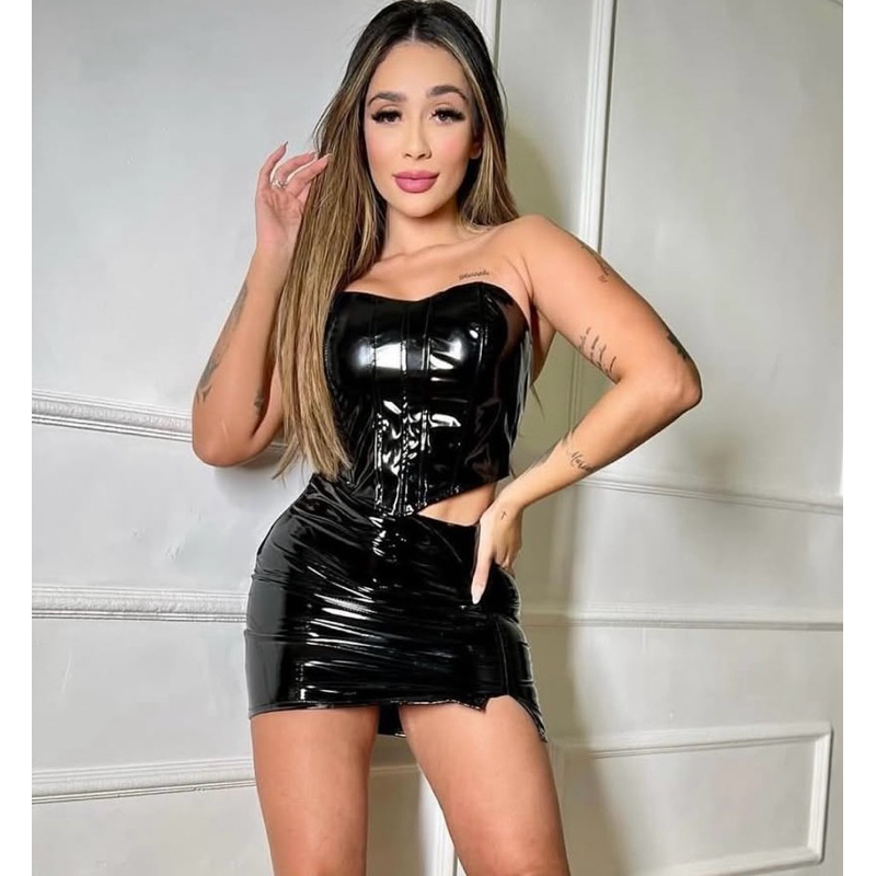 Corselet Cropped Vinil Metalizado Feminino Regulagem Atrás em Oferta na Shopee