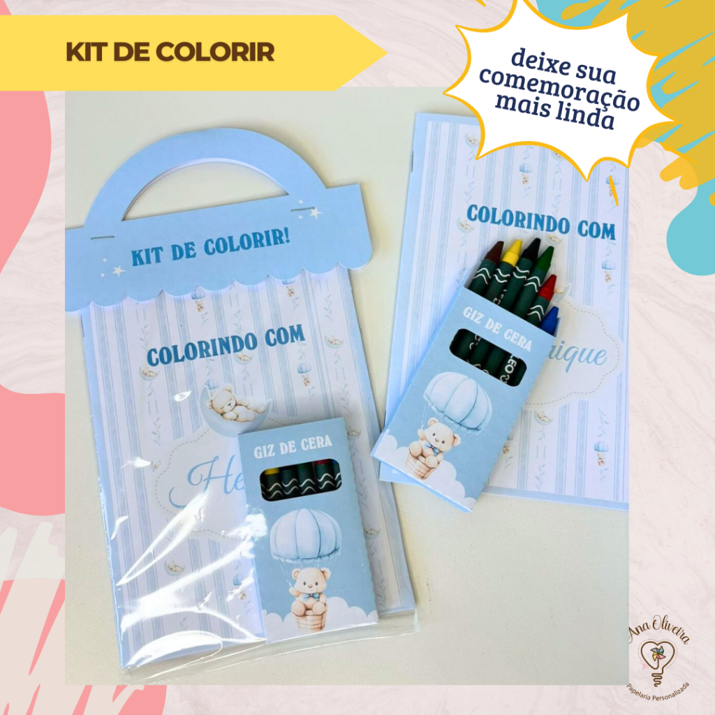Kit de Colorir Giz de Cera Chá de bebê ursinho | Personalizados | lembrancinhas | Festa | Aniversário | Livro Colorir