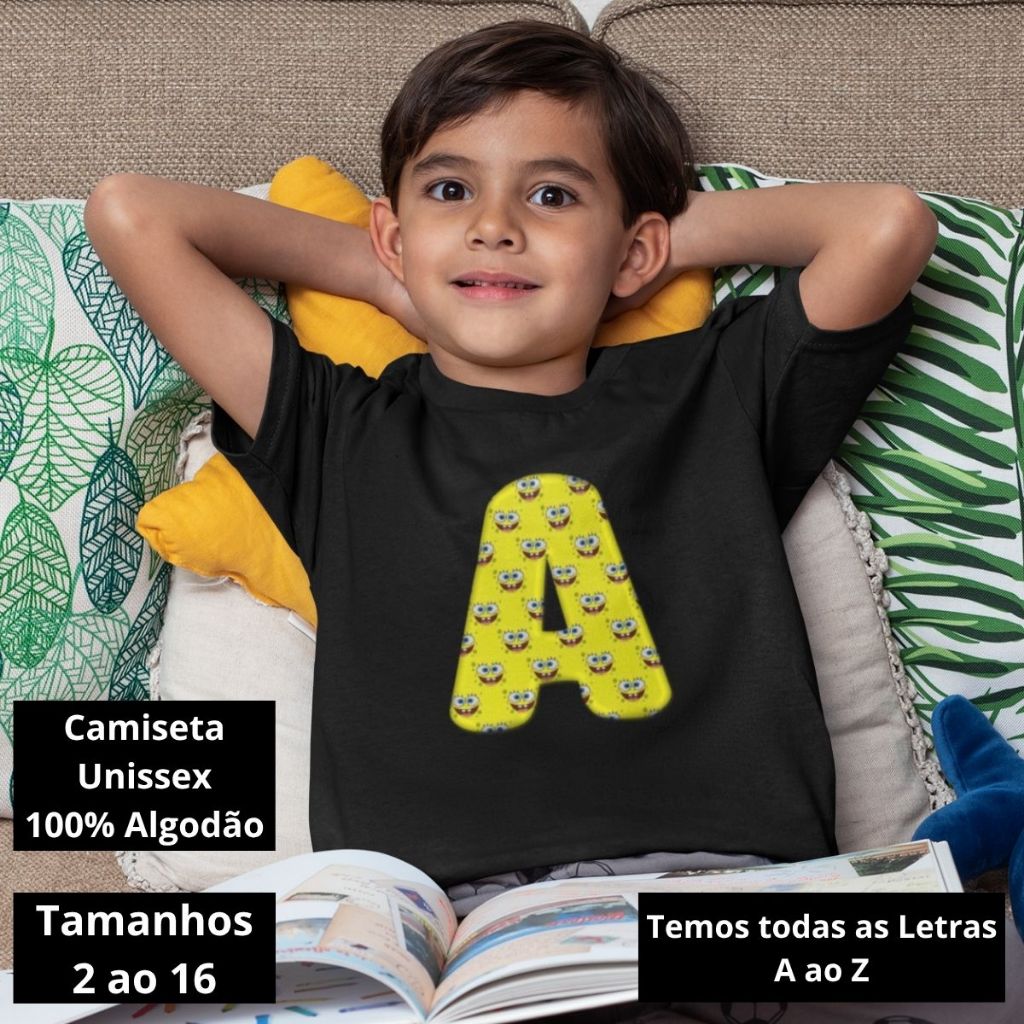 Camiseta 100% Algodão Infantil Premium Personalizada Bob Esponja Dia das Crianças Inicial Do Nome
