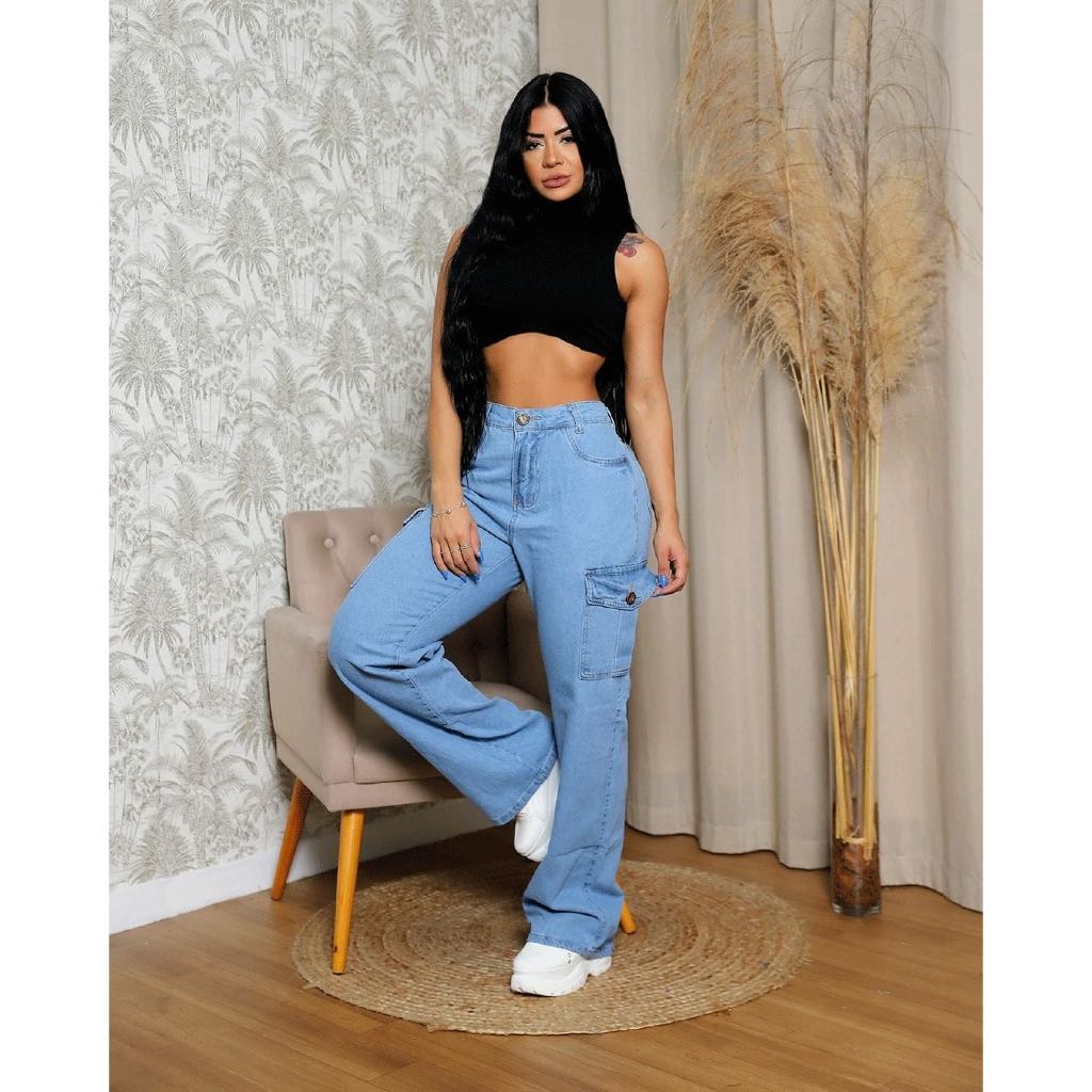 calça jeans feminina cargo levanta e valoriza o bumbum cintura alta , vários cores
