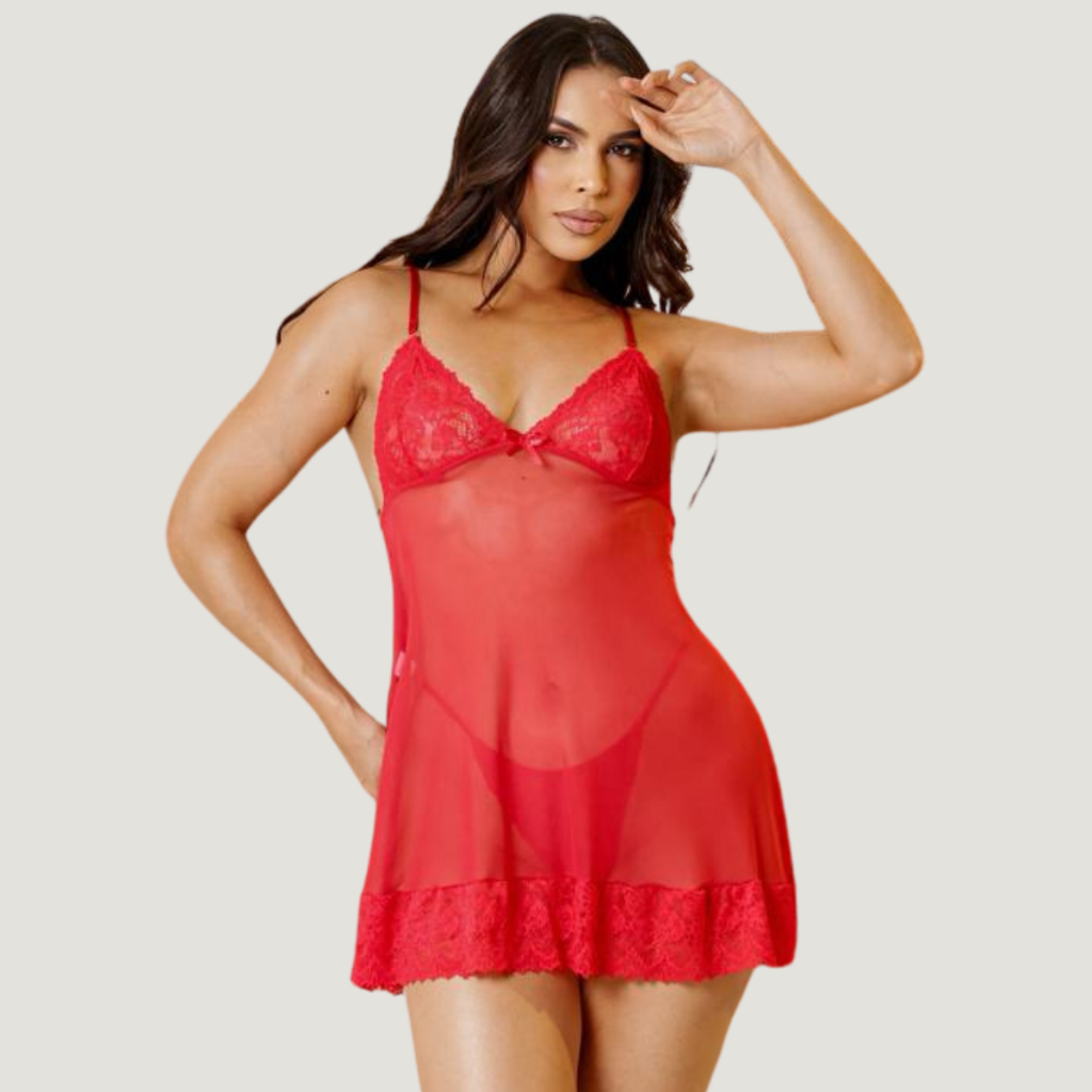 Camisola Sexy Em Renda e Tule Com Calcinha Transparente Roupa de Dormir Conjunto