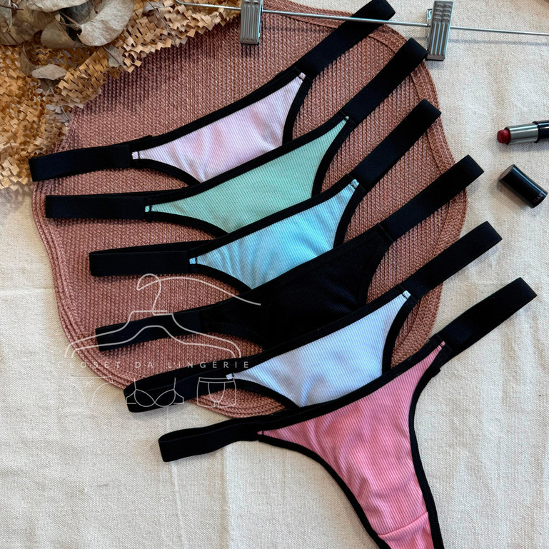Kit 5 Calcinhas Tanga Caneladas em Tiras Bicolor Fio Dental Lingerie Confort Basico Moda Feminina em Oferta na Shopee