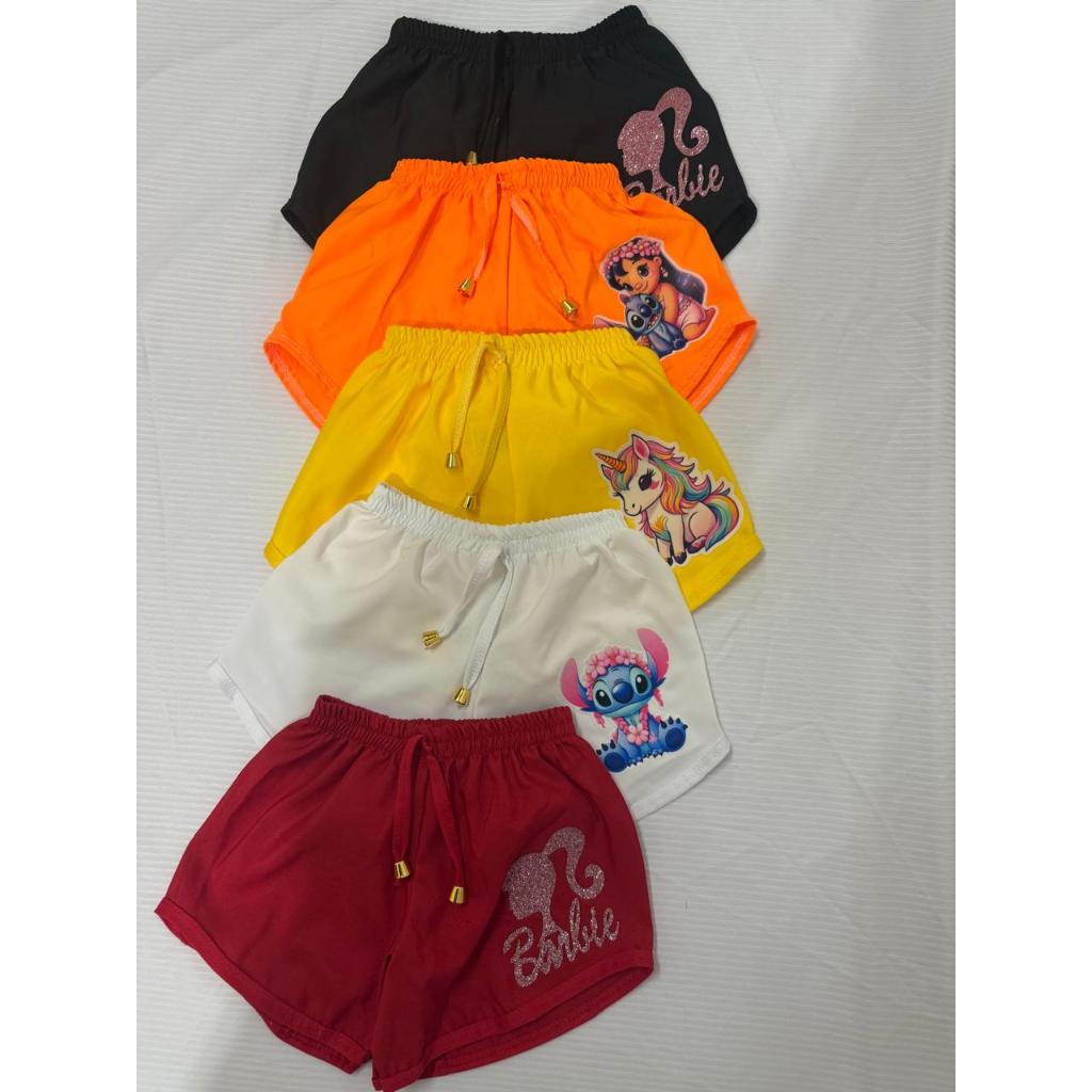 Kit C/5 Shorts Tactel estampado infantil Feminino Soltinho E Confortável 6meses a 10 anos